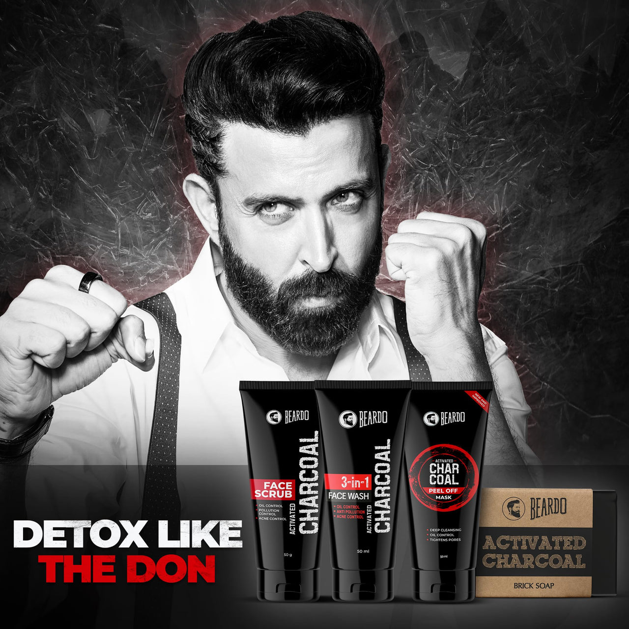 Beardo Charcoal 4-in-1 Giftset for Men | Complete Face & Body kit, pack of 4 (Facewash, Peel-off mask, Scrub, Soap) | Valentines day gift for husband | Gift for boyfriend | Gift for Men