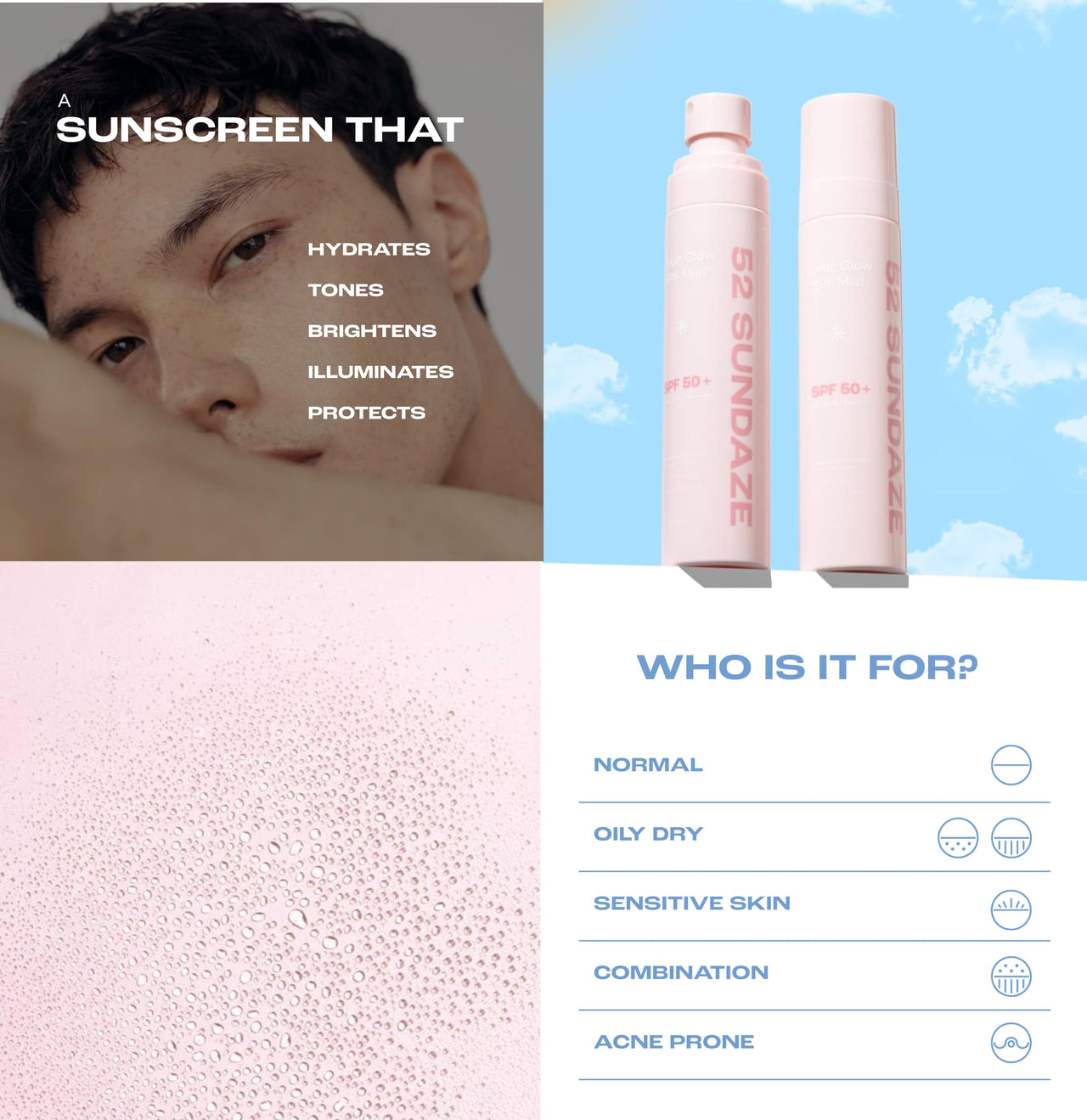 52 Sundaze Spf50 Rosewater Sunscreen Mist|Spf 50+ Pa++++ Sunscreen Spray|Invisible Sun Screen|Clear Glow Rose Sun Mist|Uva/B Broad|Oily & Dry Skin|No White Cast|Easy Reapplication|Men & Women|100 Ml