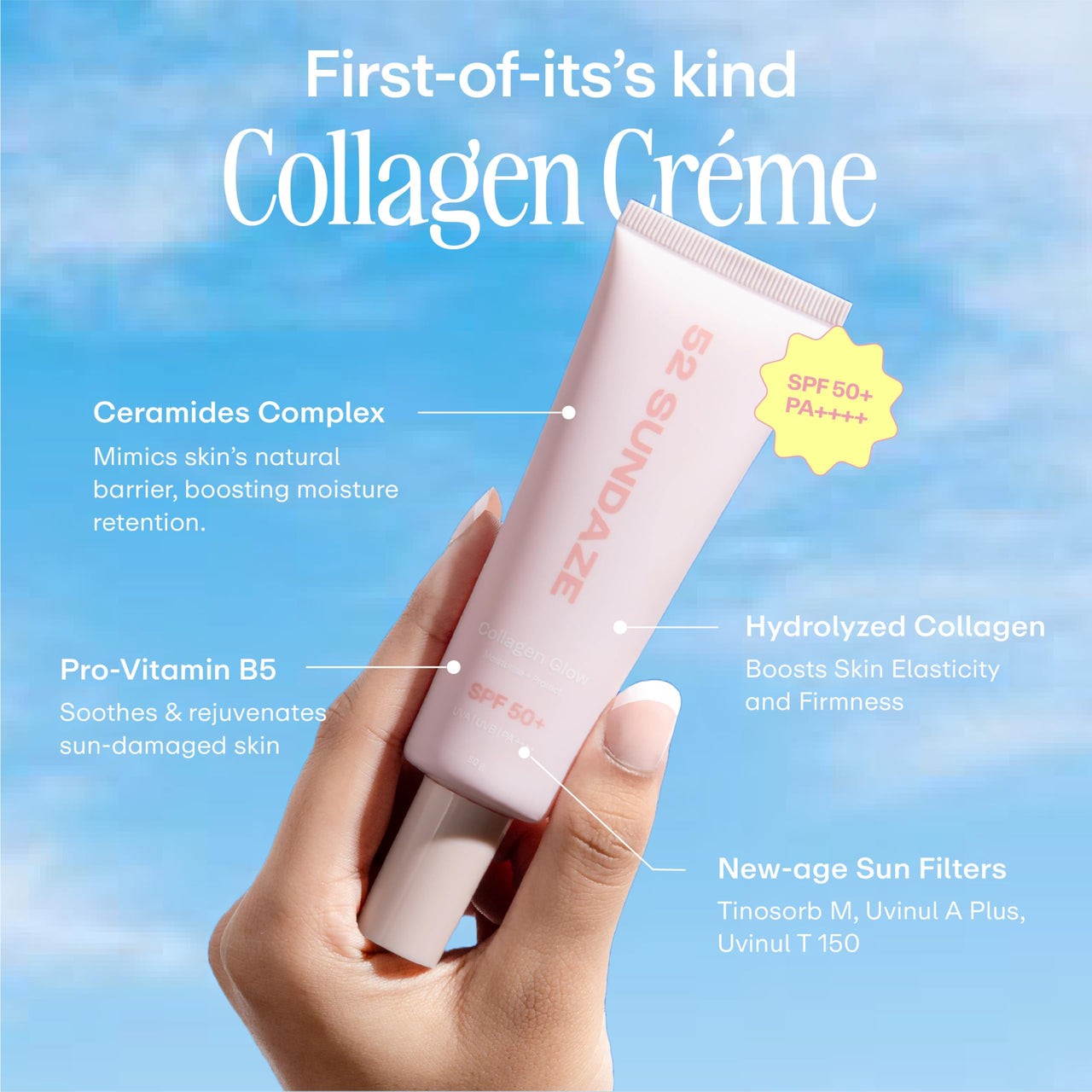 52 Sundaze Collagen Glow SPF50 Sunscreen Cream for Face | SPF 50+ PA++++ Sunscreen | Invisible Sun Screen | Broad Spectrum | For Oily & Dry Skin | No White Cast | Men & Women | 50 g
