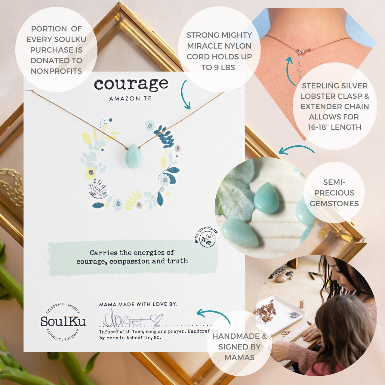 SoulKu Handcrafted Necklace, Empowerment Jewelry With Healing Crystal, Inspirational Jewelry For Women, Mom & Sister Gifts, 2" Extender With Lobster Clasp, 16" Nylon Cord (Courage, Amazonite)