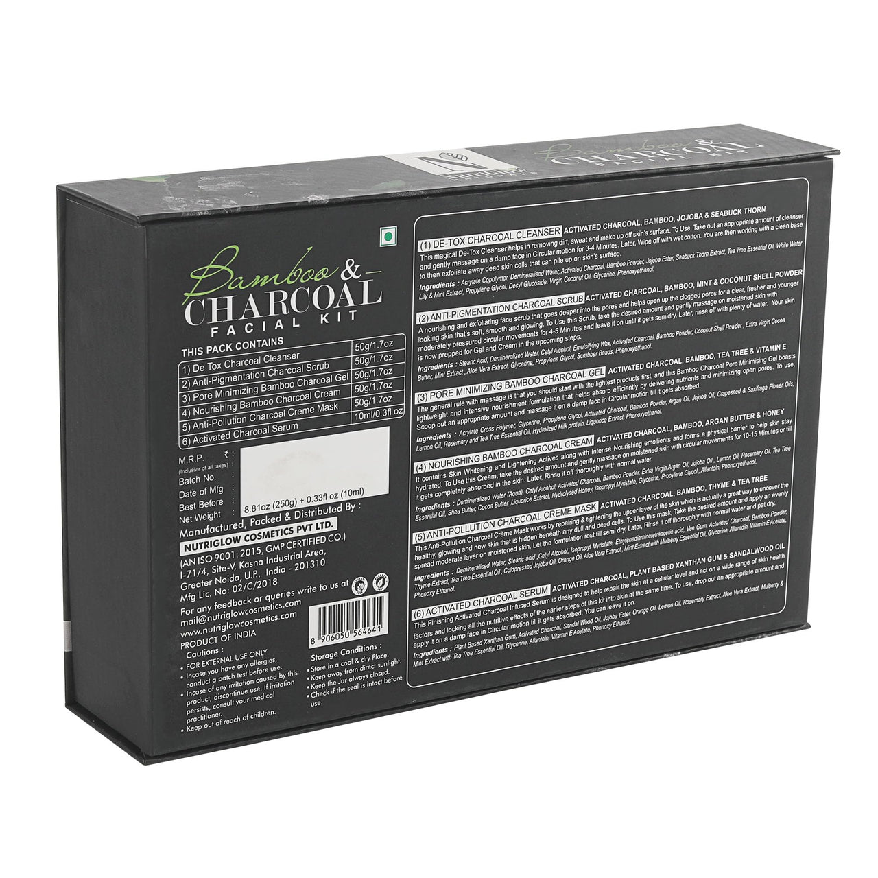 NutriGlow Natural’s Bamboo Charcoal Facial Kit with Activated Charcoal for Deep Cleansing, (250g+10ml)