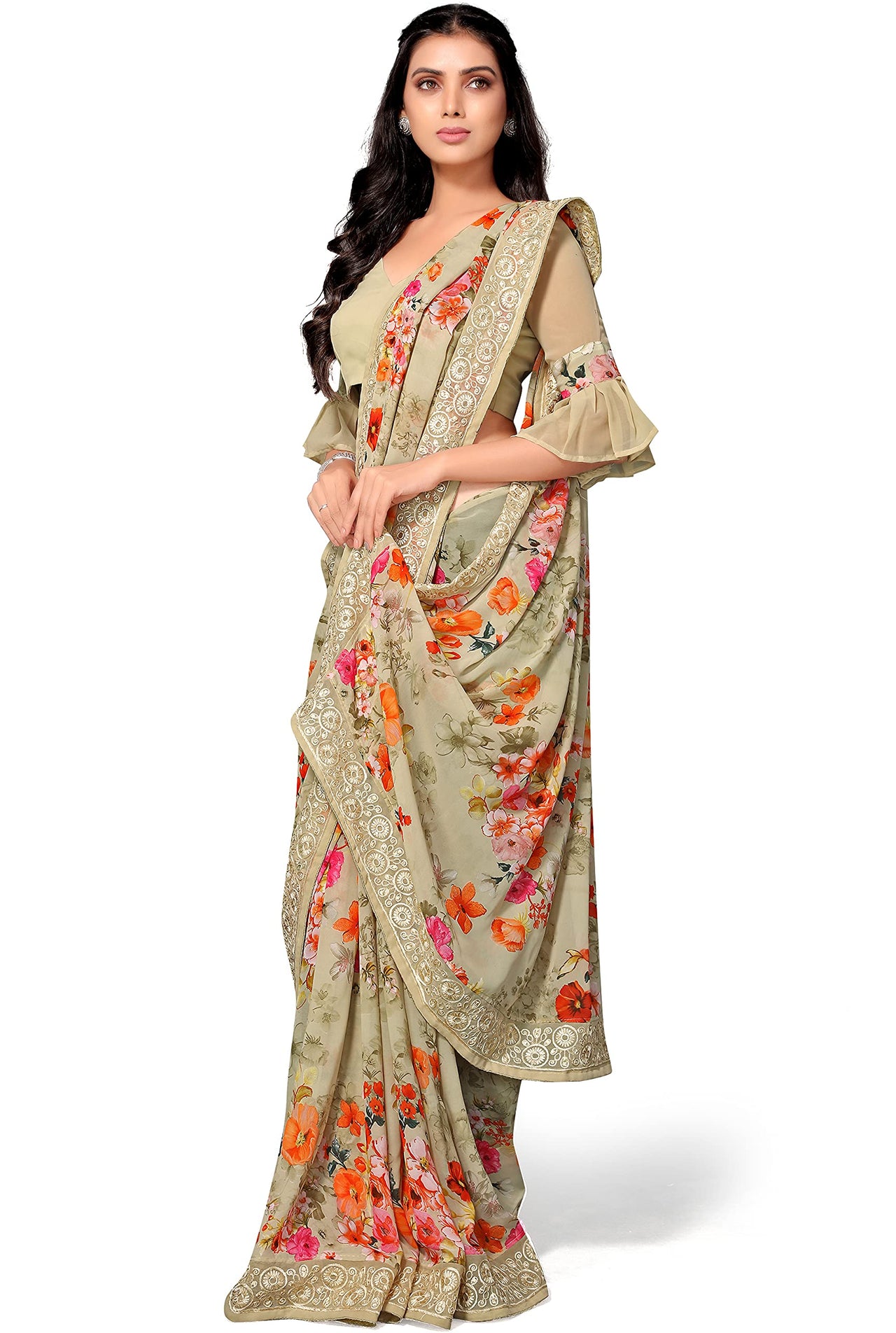 Shangrila Designer Digital Pastel Prints Weightless Georgette Saree With Blouse Piece