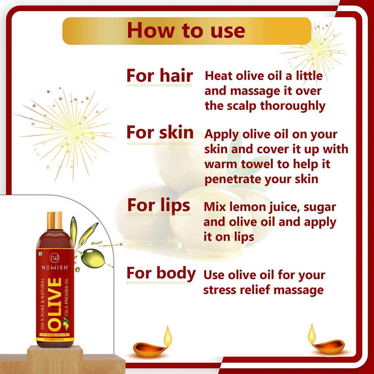 Newish Olive Oil for Hair, Skin & Body Massage | 200ml | Pure & Cold Pressed Olive Oil for Dry Scalp, Frizz Control & Glowing Skin | Non-Sticky Hair Oil for Men & Women