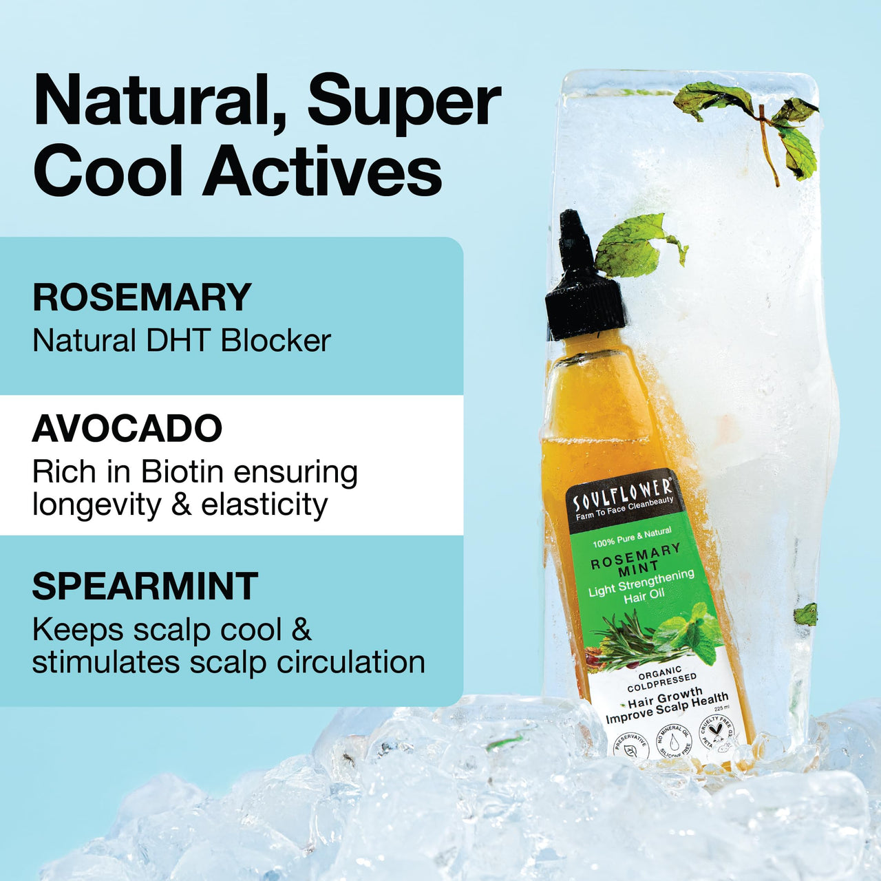 Soulflower Rosemary Mint Light Hair Oil | Hair Growth, Hair Fall Control, Dandruff & Split Ends | With Amla, Argan, Castor | Cooling Scalp Oil for Men & Women | 100% Natural & Organic | 225ml