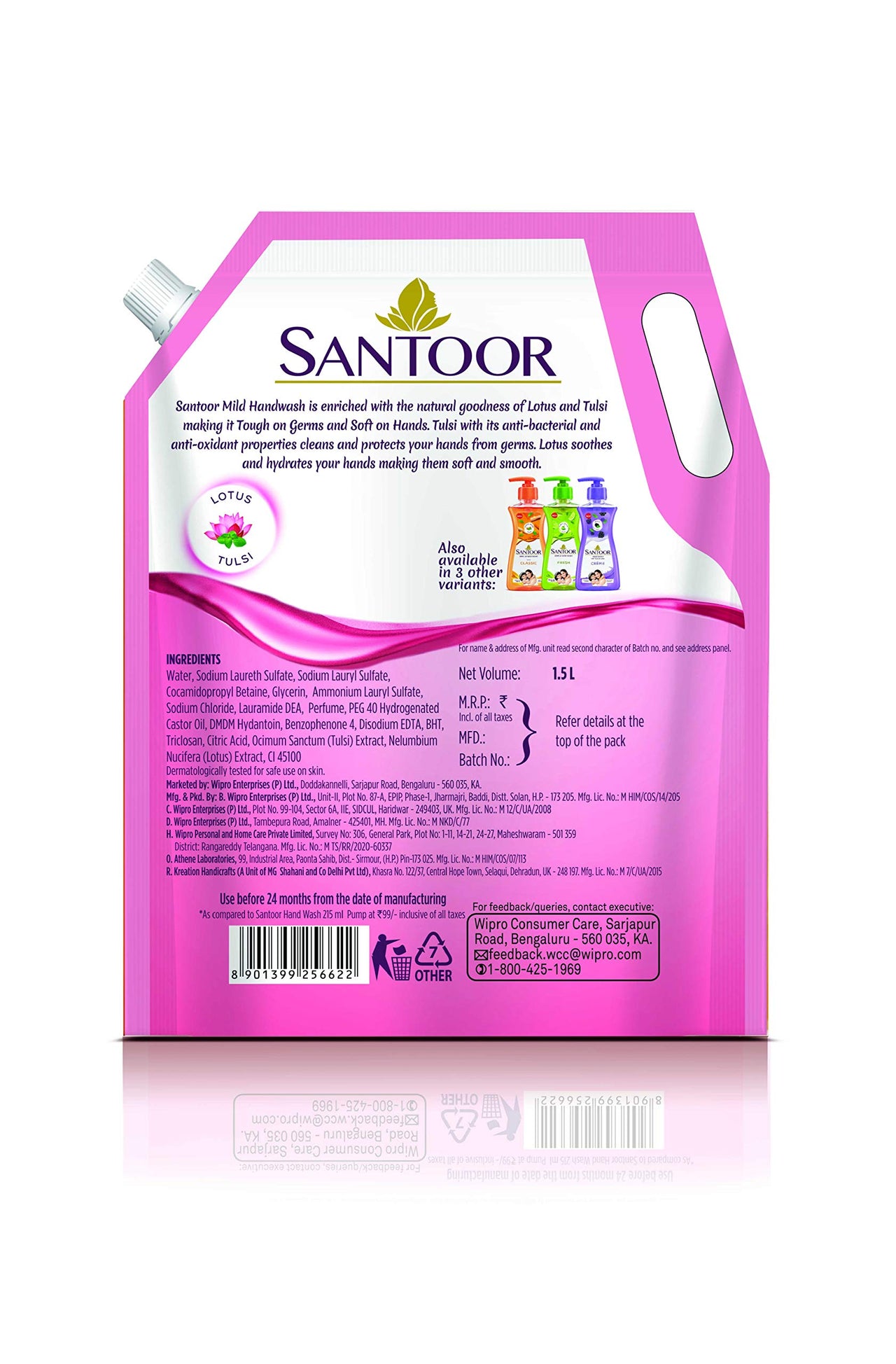 Santoor Classic Gentle Handwash with Sandalwood and Tulsi for Bacteria and Germ Protection, 750ml, Pack of 2 & Santoor Mild Handwash, 1500 ml