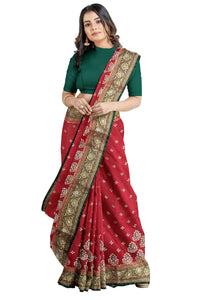 Shravanya Women's  Banarasi Silk Saree with Designer Embroidery and Stone Work with Jacquard Pallu, Border and Plain Unstitched Blouse Piece