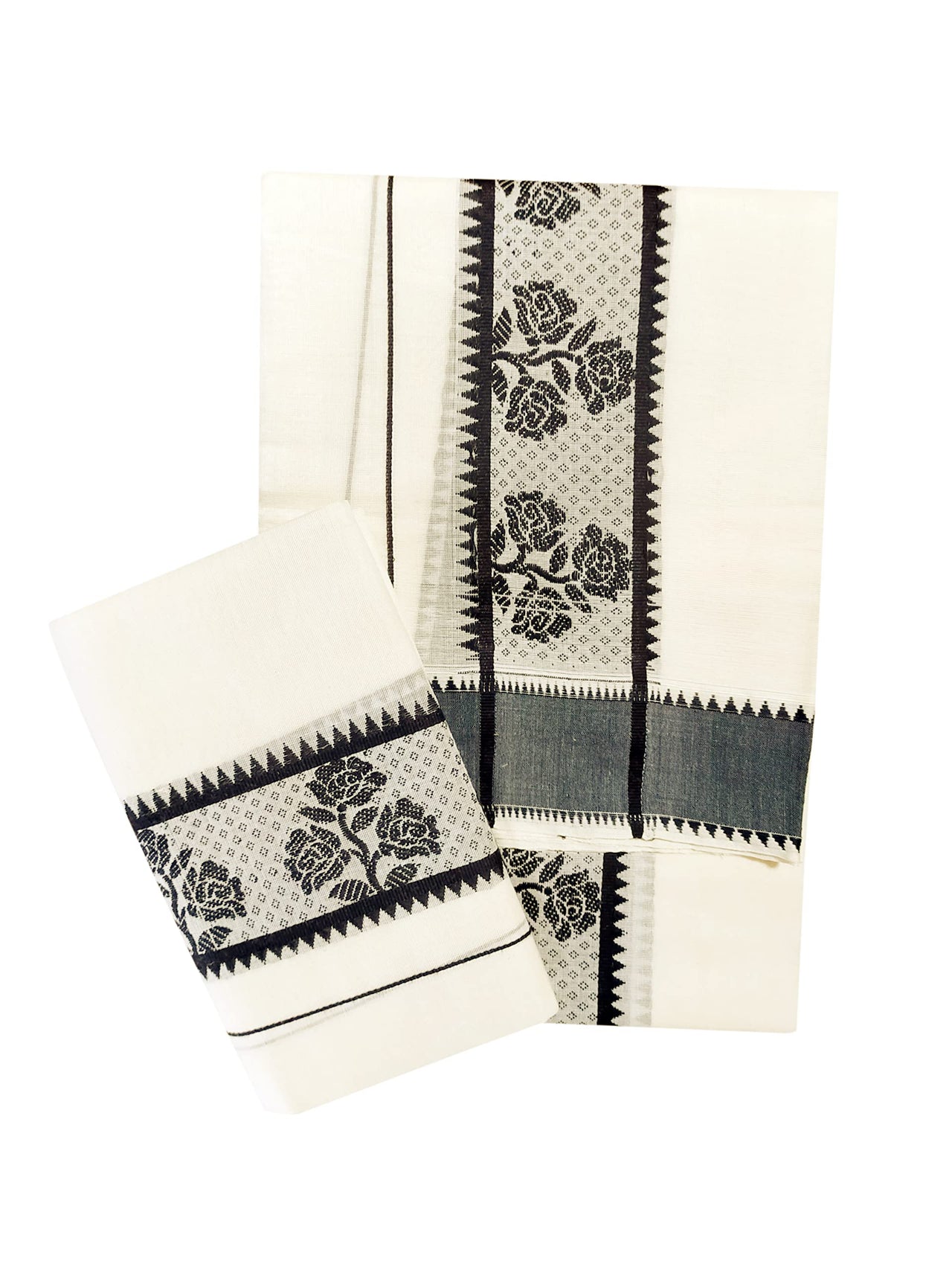 YETTALAN® Women's  Kerala Traditional Cotton Jacquard Work Set Mundu with Color Temple Border 2.00&2.80 Meters Maroon Peacock