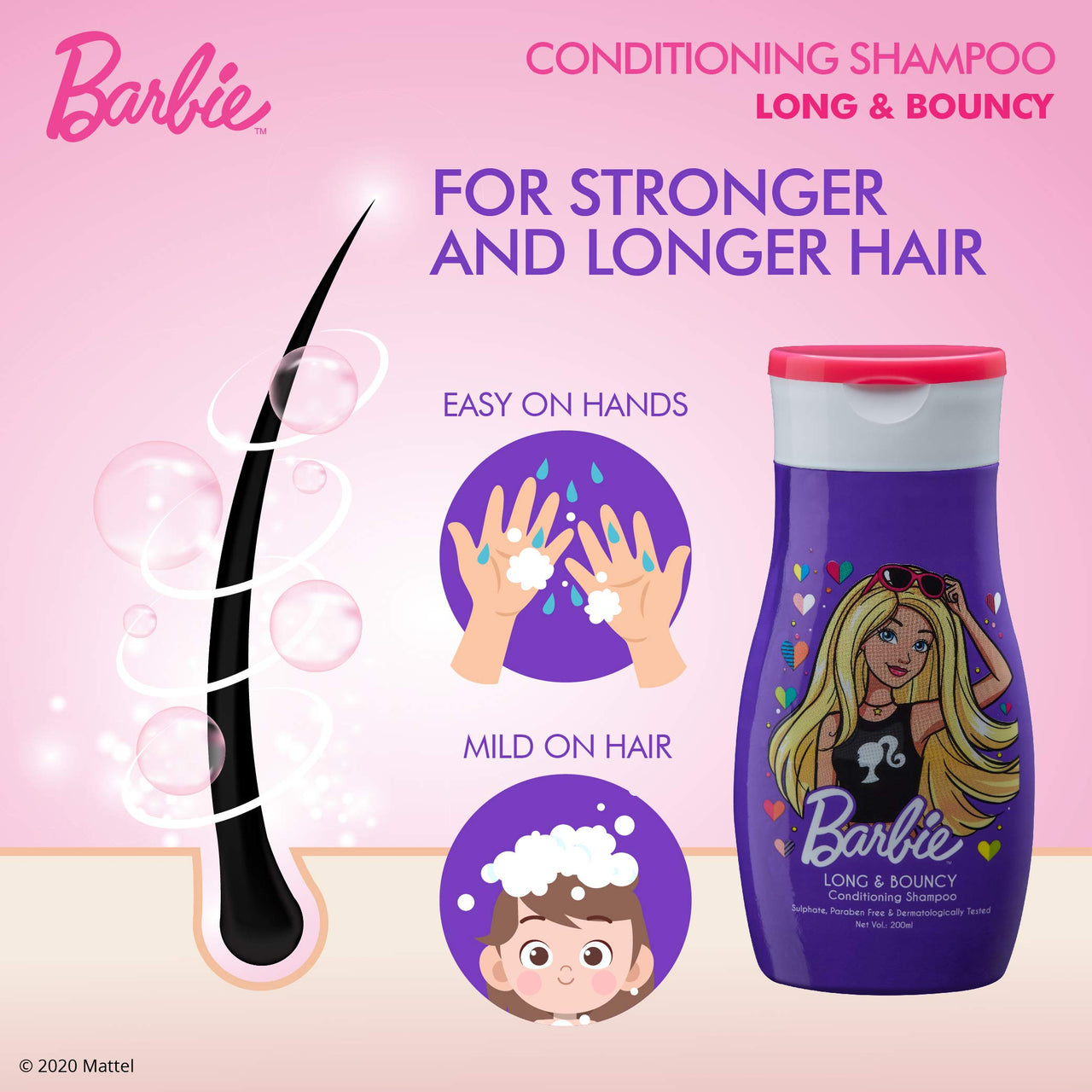 Barbie Conditioning Shampoo - Long & Bouncy, Sulphate, Paraben & Gluten Free, Enriched With Vegetable Protein, Dermatologically Tested, 200ml, Purple
