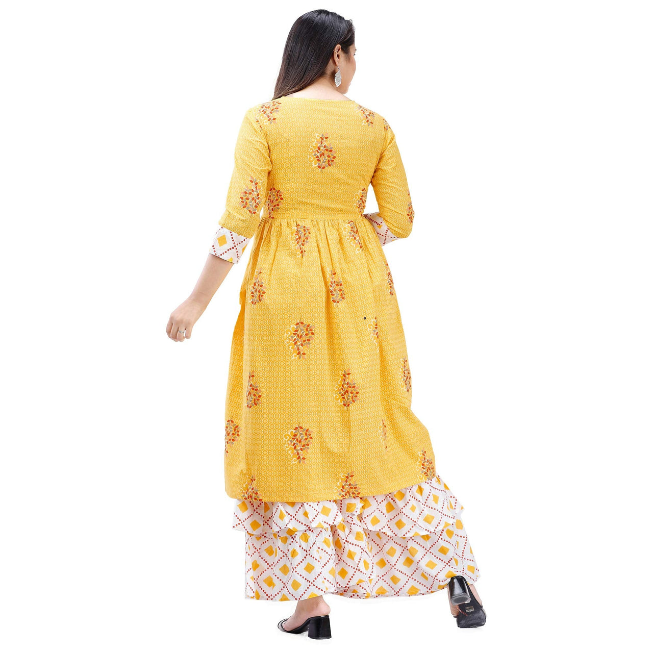Ashta Vinayak Creations Women's  Casual Rayon Printed Flared Kurti With Sharara(AVC81_YELLOW_WHITE)