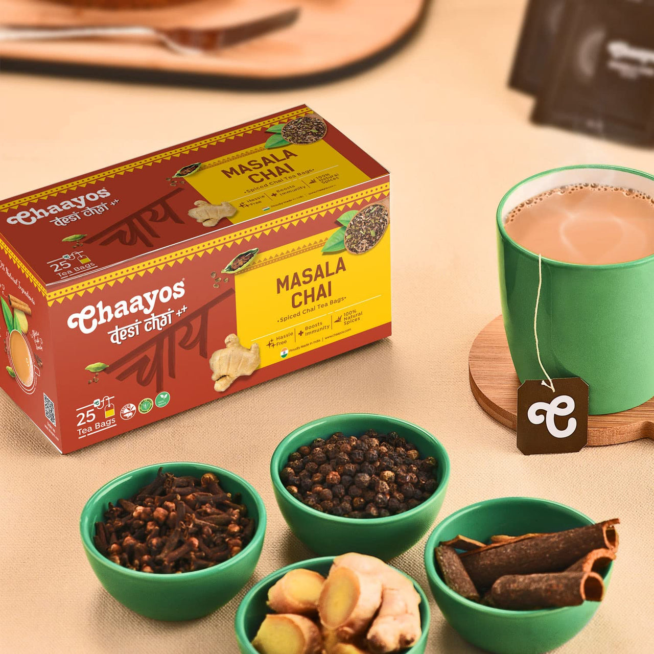 Chaayos Masala Chai Tea Bags - Premium Assam Tea with 100% Natural Ingredients Spices - [25 Tea Bags]