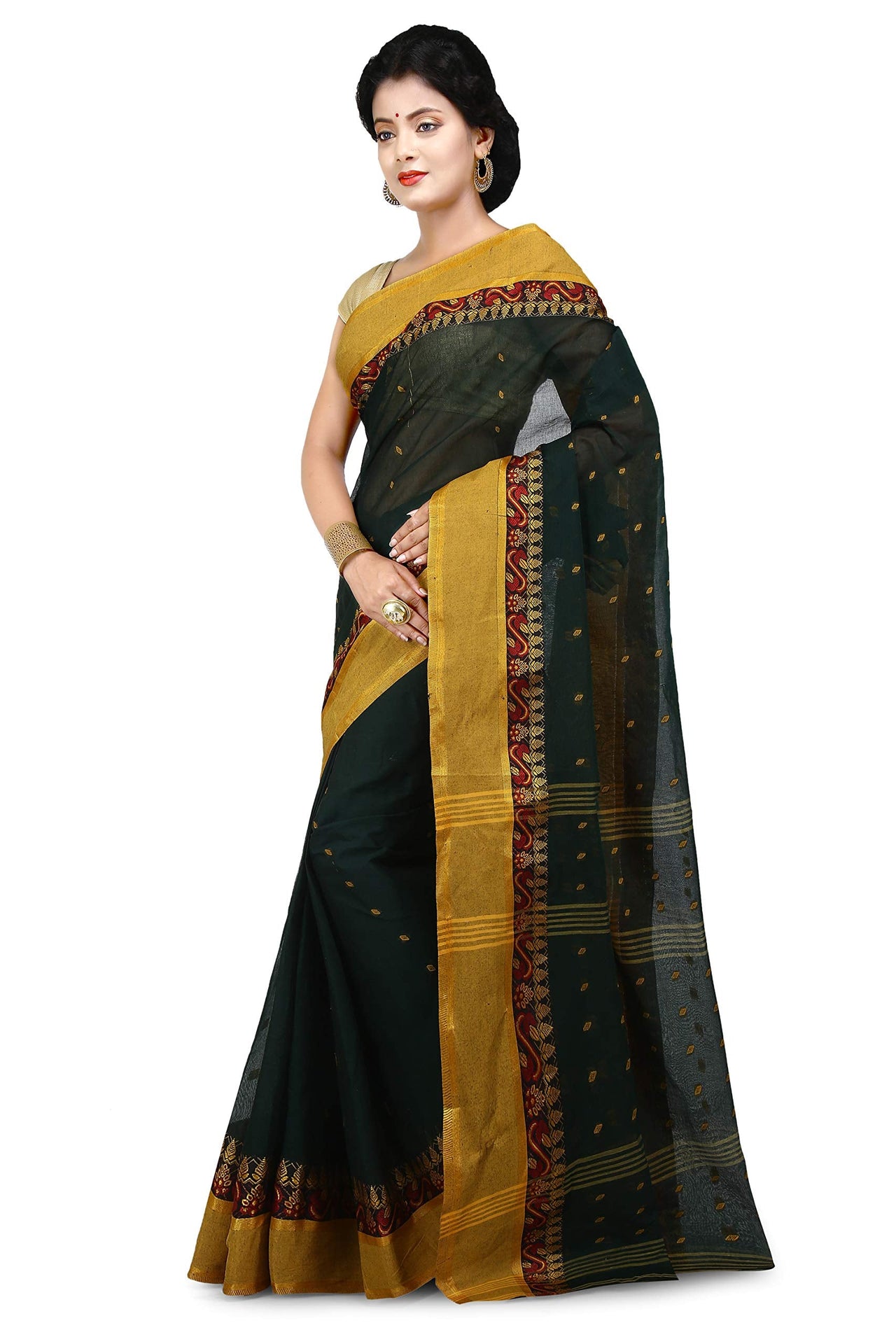 WoodenTant Women's  Handloom Cotton Tant Saree with Buti Work without blouse piece