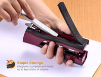 Bostitch Office Dynamo 4 in 1 Standup Stapler, Includes 420 Staples, 20 Sheet Capacity, Integrated Pencil Sharpener, Staple Remover & Staple Storage, Magenta