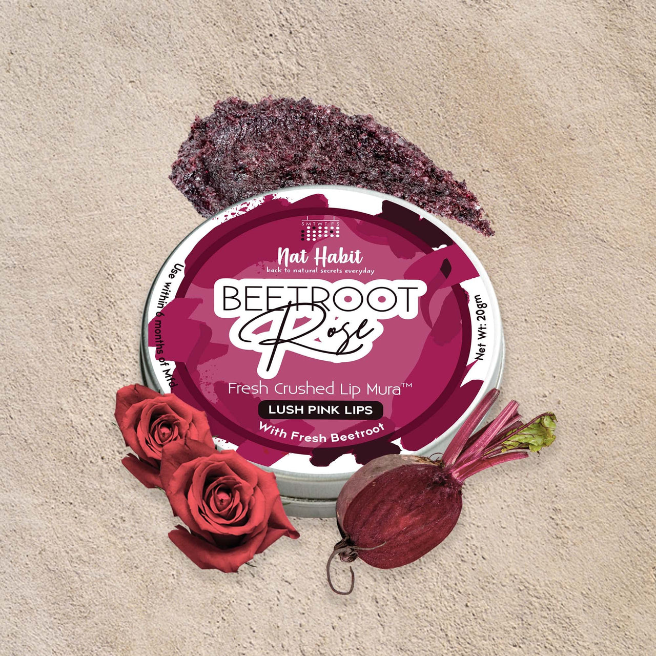 Nat Habit Lip Scrub, Beetroot Rose Lip Mura, Lip Mask For Lip Lightening, Dry & Dark Lips Lip Care, With Vitamin E, Chemical & Preservatives Free (Pack of 1, 20 gm)