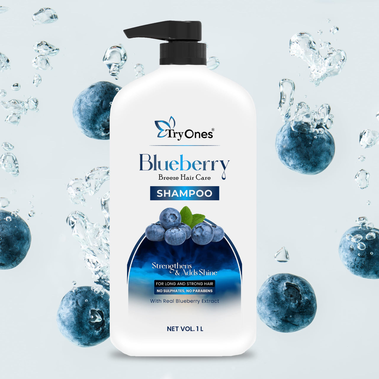 TryOnes Strong Shampoo - 1000 ml | For Damage Repair and Weak Hair, rich with Blue Berry extract, Helps with itching, irritation | Paraben Free Shampoo