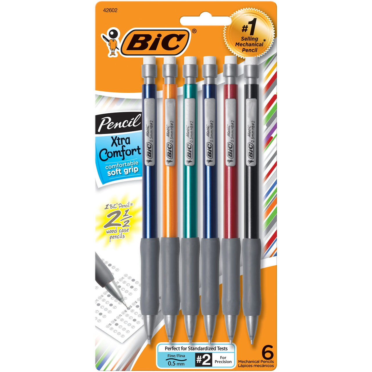 BIC Mechanical Pencil Xtra Comfort, 0.5 mm, Assorted Barrel (BICMPFGP61), 6 count 1 Count (Pack of 6)