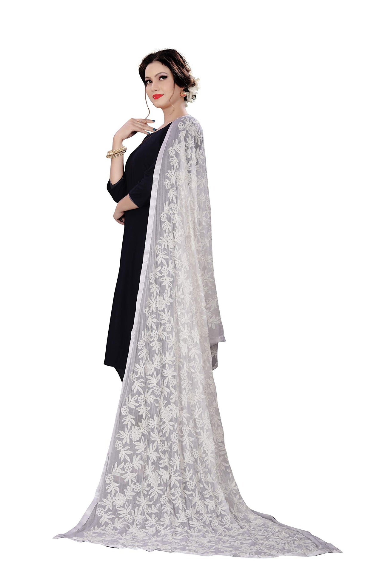 AKSHAR LLC Miss India Women's  Chiffon Dupatta With Karachi Embroidery Work