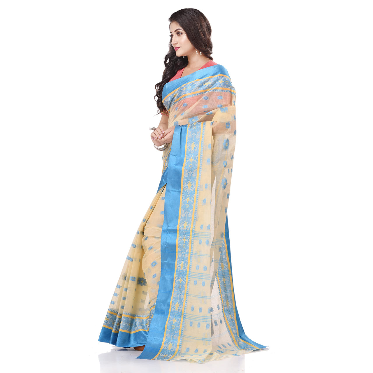 dB DESH BIDESH Women`s Traditional Bengal Phulkoli Woven Design Pure Handloom Cotton Saree Without Blouse Piece White Red