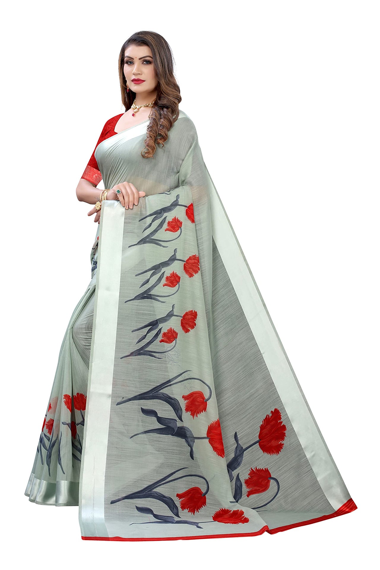 Tarshika Women's  Linen Blend Printed Saree With Blouse Piece(LINEN SAREE_NEW)