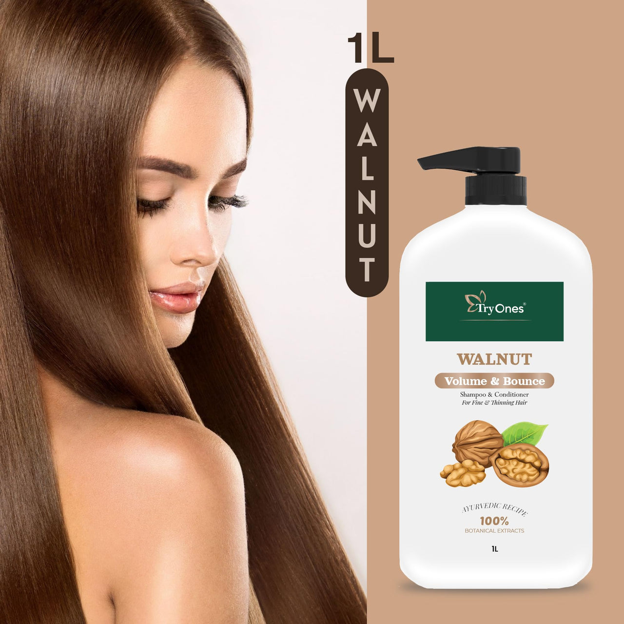 TryOnes Walnut Volume and Bounce Shampoo | For Fine and Thinning Hair| Volumizing Shampoo for Thin Hair 1000 ml