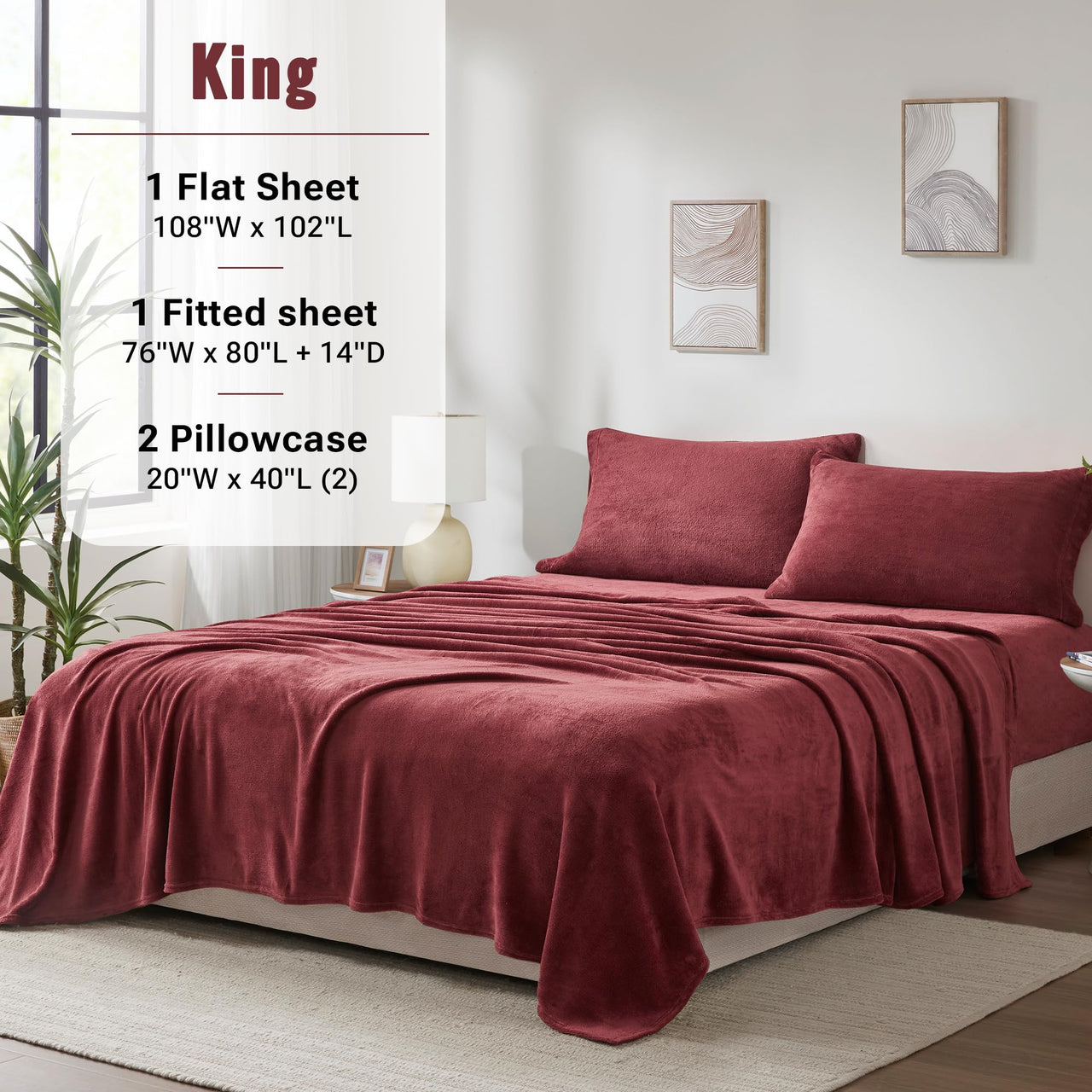 Sleep Philosophy True North Fleece Sheet Set Full, Solid Color, Warm & Plush Sheets Soft Fleece Bedding Full Size Sheets, Fitted Pocket Fits Up to 16" Mattress, Soloft, Full Burgundy 4 Piece