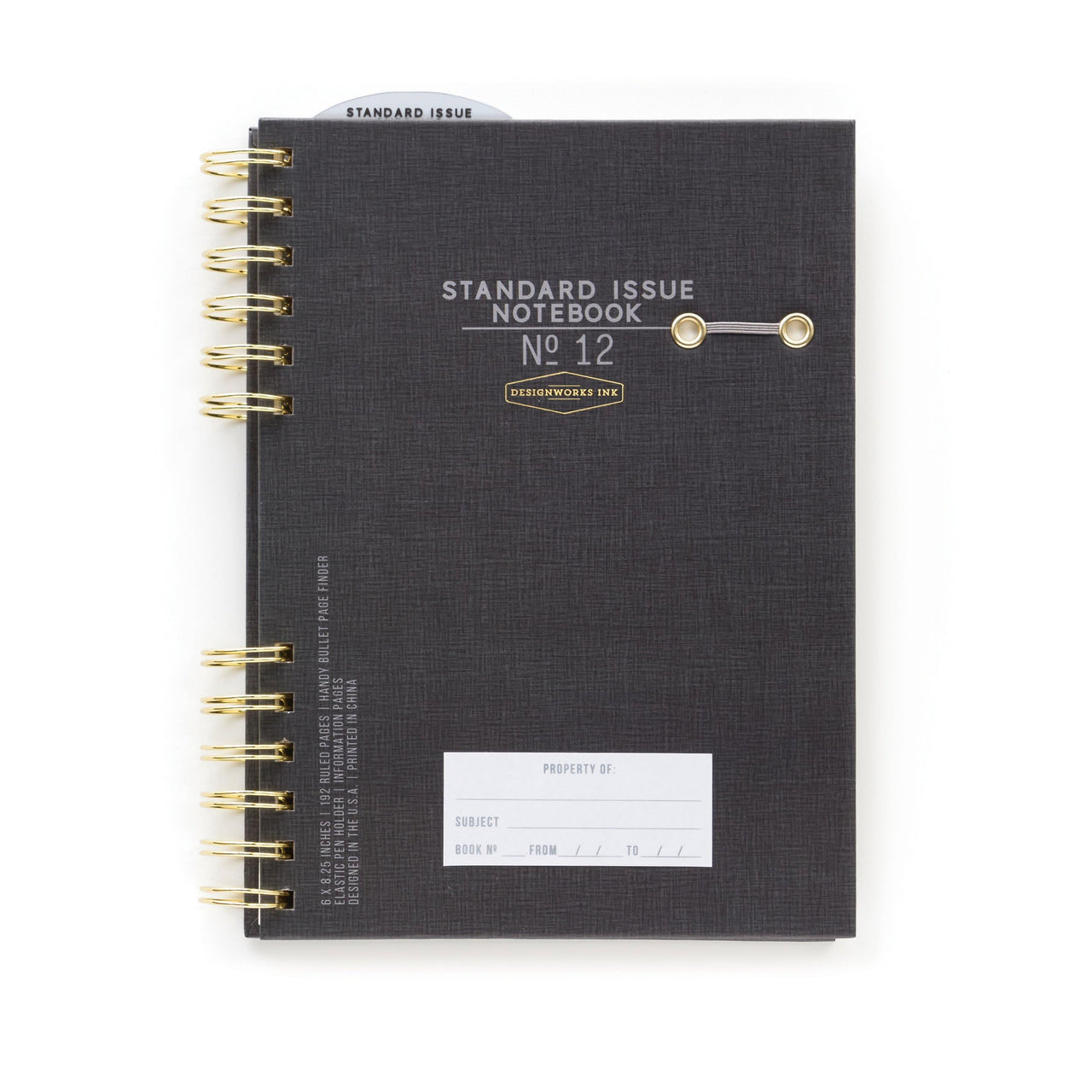 Designworks Ink Standard Issue No. 12 Black Undated Planner Notebook Journal with Lined Pages, Elastic Pen Holder, and Durable Spiral Binding for Work, Writing, Journaling - 6" x 8.25"