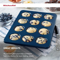 KitchenAid 12-Cup Nonstick Swiss Engineered Aluminized Steel Muffin Pan, Dishwasher Safe, Ink Blue 12 Cup
