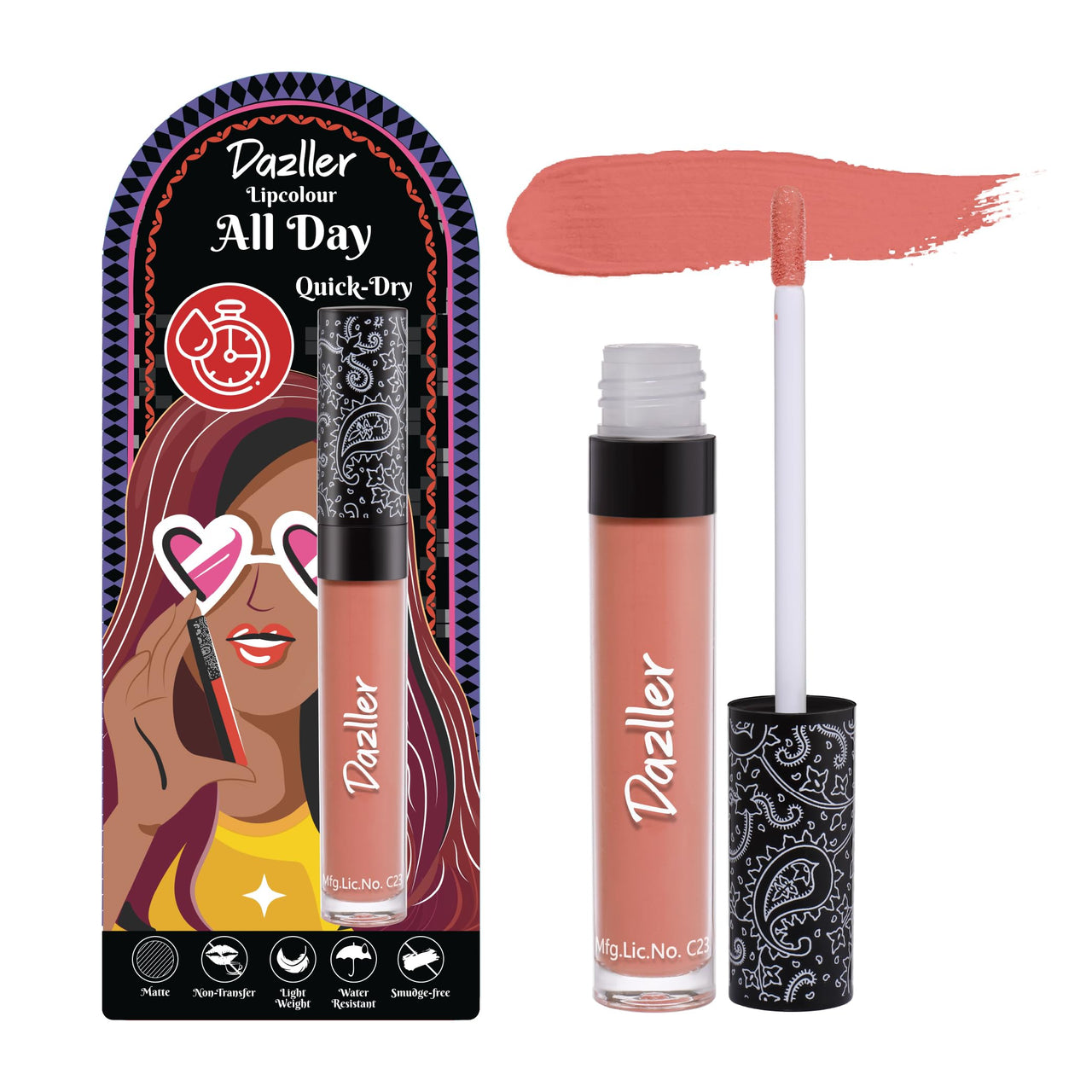 Dazller All Day Lip Colour Quick Dry | Long-Stay | Lightweight | Matte Lipstick for Women | Enriched with Kokum Butter 6g (QDLC024 - Vital Coral, Quick Dry)