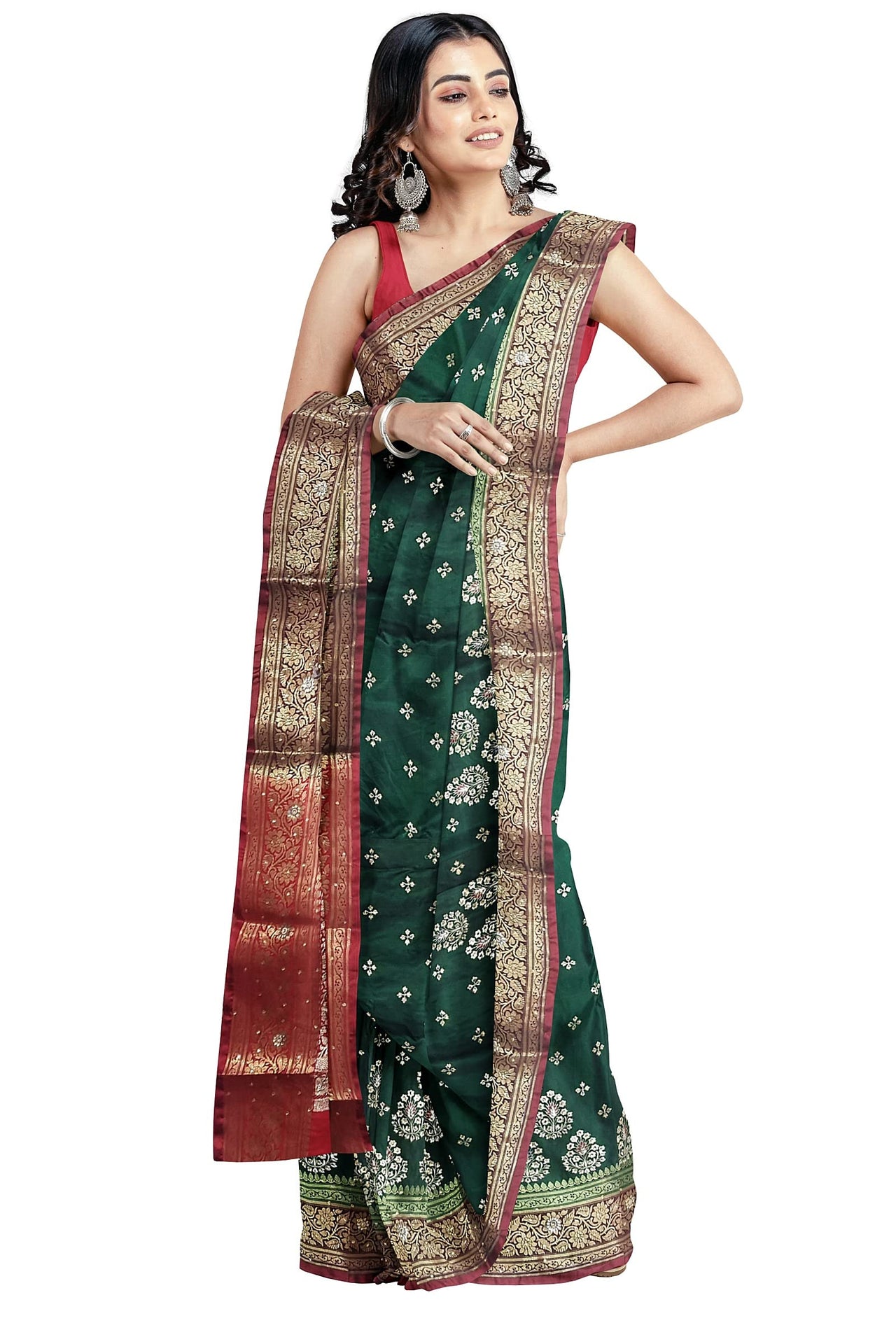 Shravanya Women's  Banarasi Silk Saree with Designer Embroidery and Stone Work with Jacquard Pallu, Border and Plain Unstitched Blouse Piece