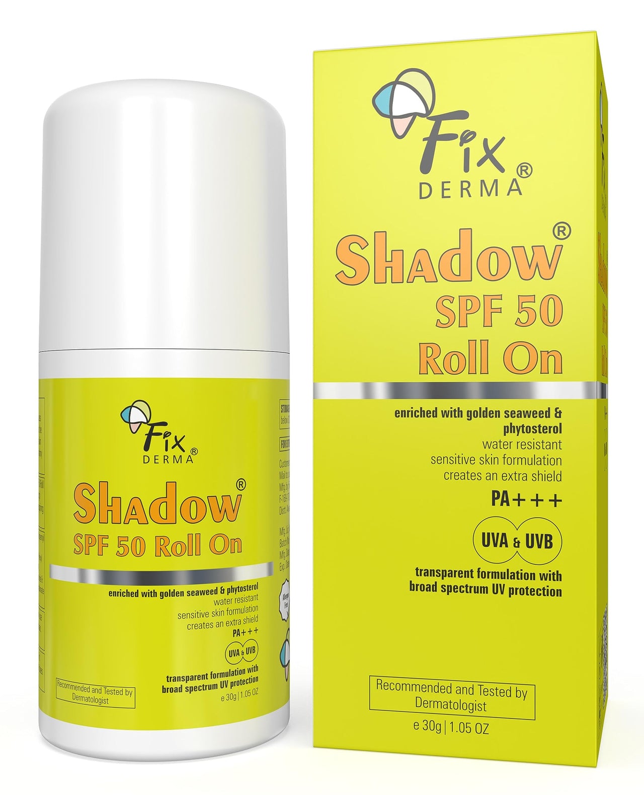 FIXDERMA Shadow Spf 50 Roll On, Sunscreen Spf 50 For Face, Sun Screen Protector Spf 50, Sunscreen For Uva & Uvb Protection, Sunscreen For Women & Men - 30Gm - Combination