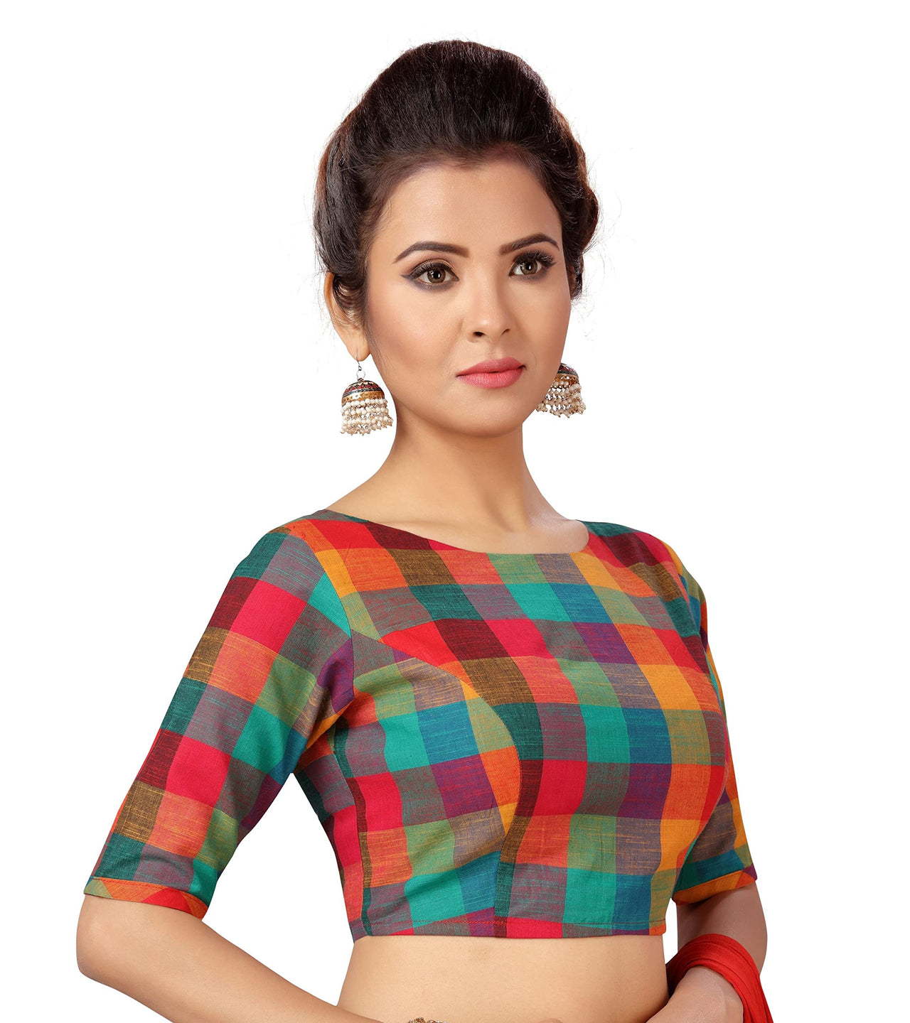 X3 Women's  Pure Cotton Madras Checks Elbow Length Sleeves Saree Blouse