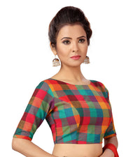 X3 Women's  Pure Cotton Madras Checks Elbow Length Sleeves Saree Blouse