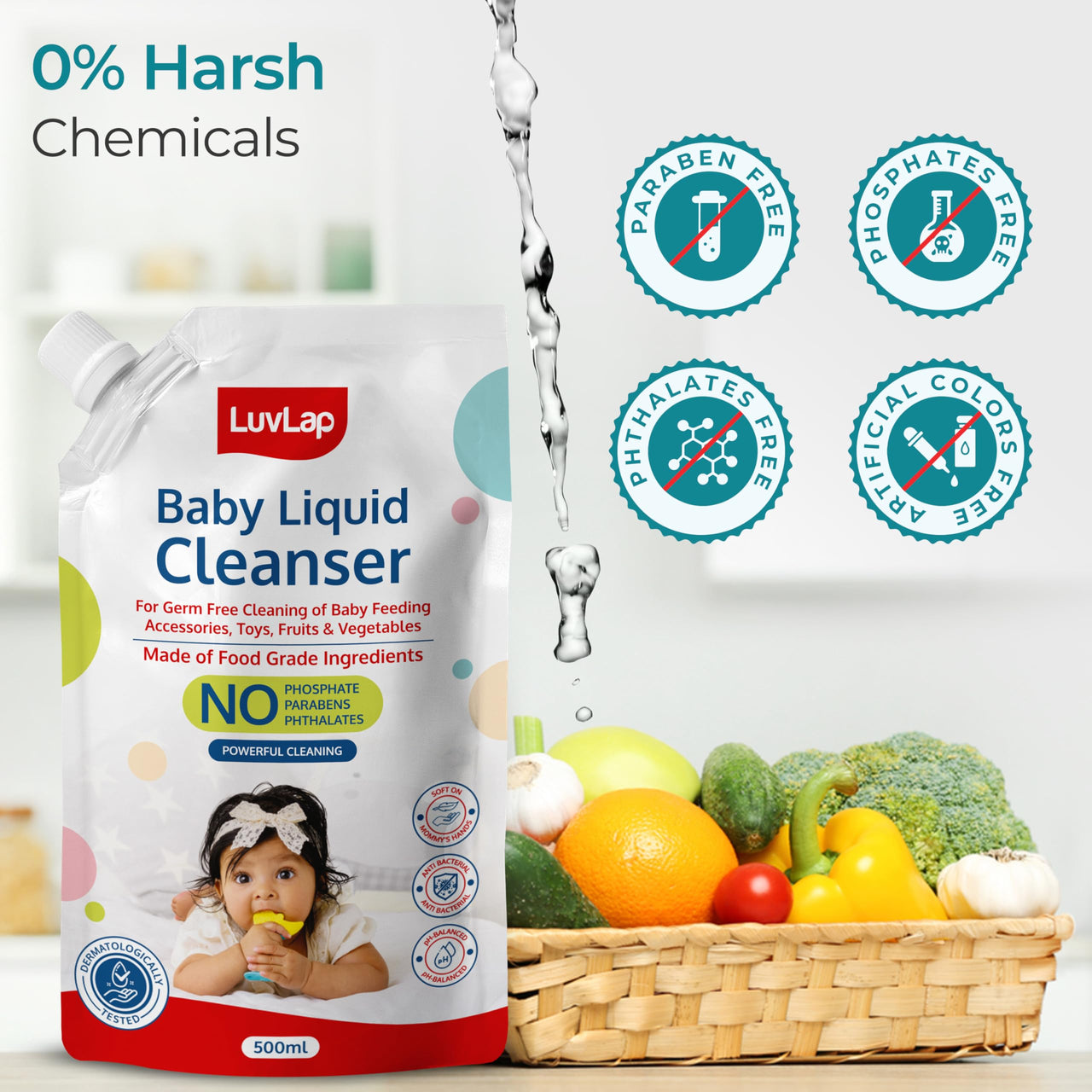 LuvLap Baby Liquid Cleanser Refill pack- 500ml, For cleaning feeding bottle, cutlery, toys, fruits & vegetables, Kills 99.9% Germs, pH Balanced Dermatologically tested formula, No harsh chemicals