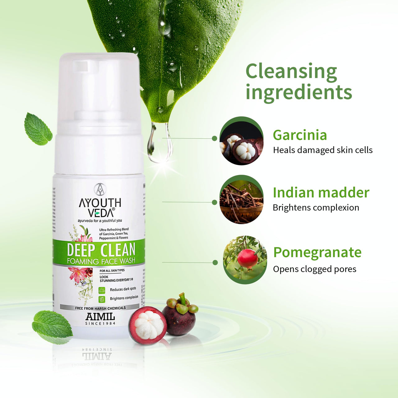 Ayouthveda Deep Clean Foaming Wash |Reduces Pigmentation, Combats Dark Spots| Refreshing Blend of Indian Madder, Garcinia & Pomegranate | Everyday Face Wash for Men & Women (Pack of 2;100ml each)