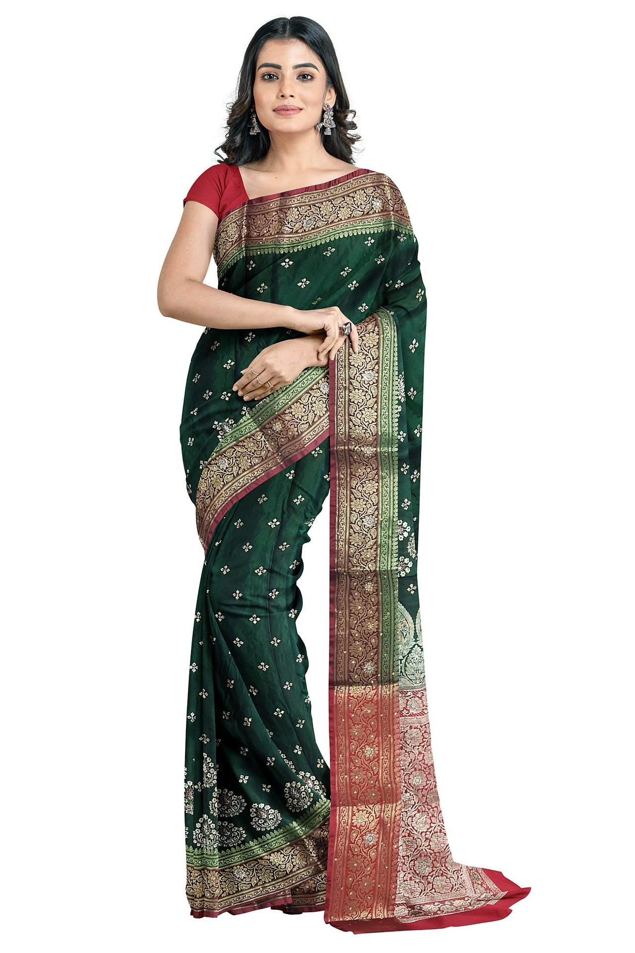 Shravanya Women's  Banarasi Silk Saree with Designer Embroidery and Stone Work with Jacquard Pallu, Border and Plain Unstitched Blouse Piece