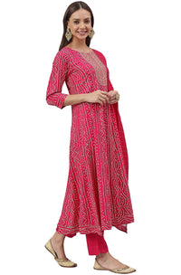 Janasya Women's  Pink Rayon A-Line Kurta with Pant And Dupatta