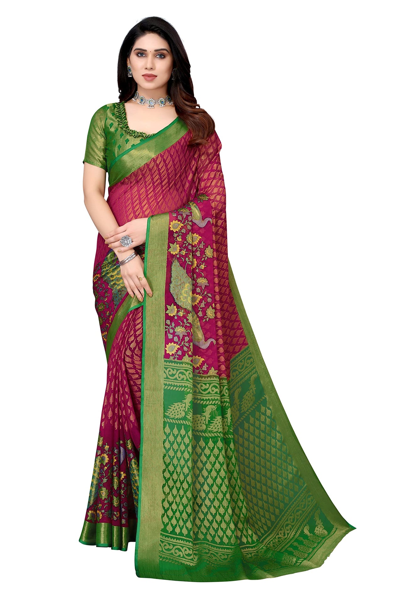 Winza Designer Women's  Chiffon Brasso Floral Printed Saree with Blouse Piece