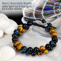 Vicsoon Bracelets for Men Women, Triple Protection Bracelet with 8mm Blue Yellow Tigers Eye Black Obsidian, Adjustable Healing Stone Handmade Bracelet, Beads Crystal Jewelry Bring Luck and Happiness Blue Yellow Black