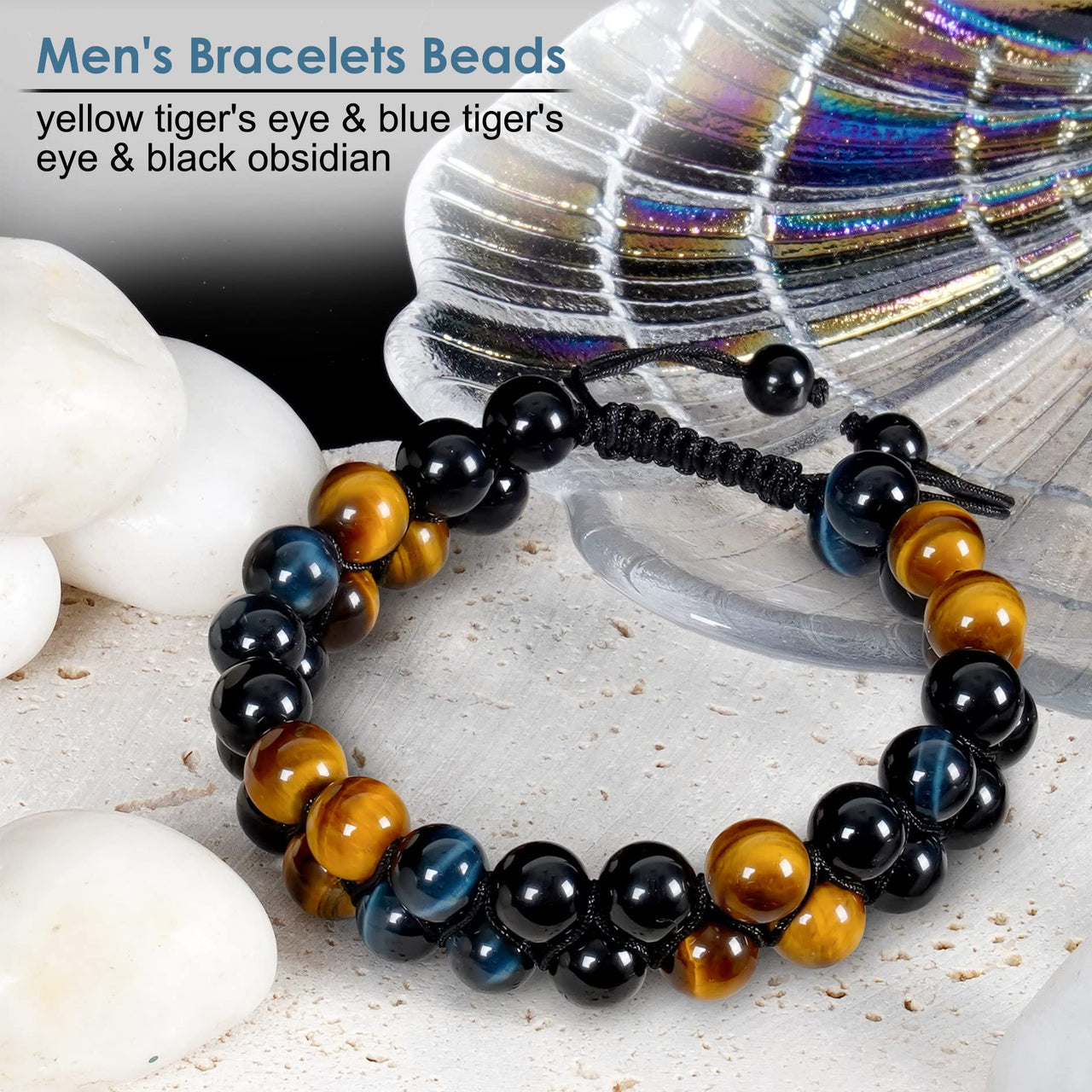 Vicsoon Bracelets for Men Women, Triple Protection Bracelet with 8mm Blue Yellow Tigers Eye Black Obsidian, Adjustable Healing Stone Handmade Bracelet, Beads Crystal Jewelry Bring Luck and Happiness Blue Yellow Black
