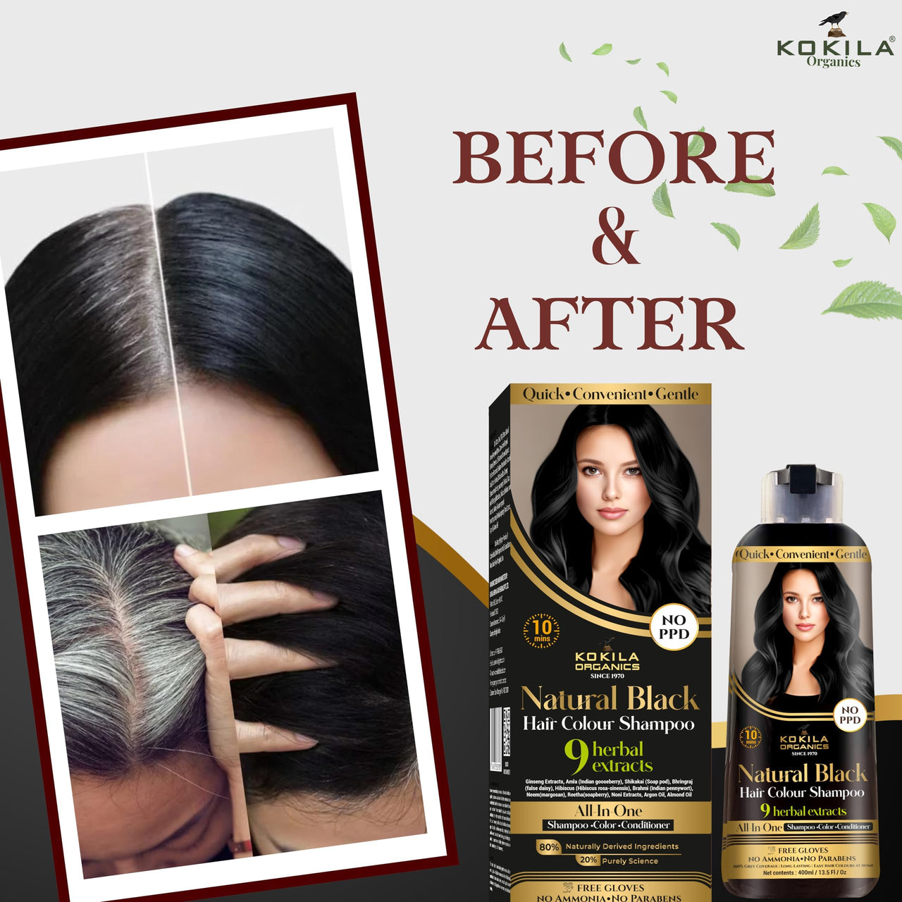 Kokila NO PPD Shampoo Hair Colour | Natural Extracts | Colours Hair in 10 Minutes | Ammonia Free, Paraben Free - 10 Pair Free Gloves - Black 400ml for Unisex