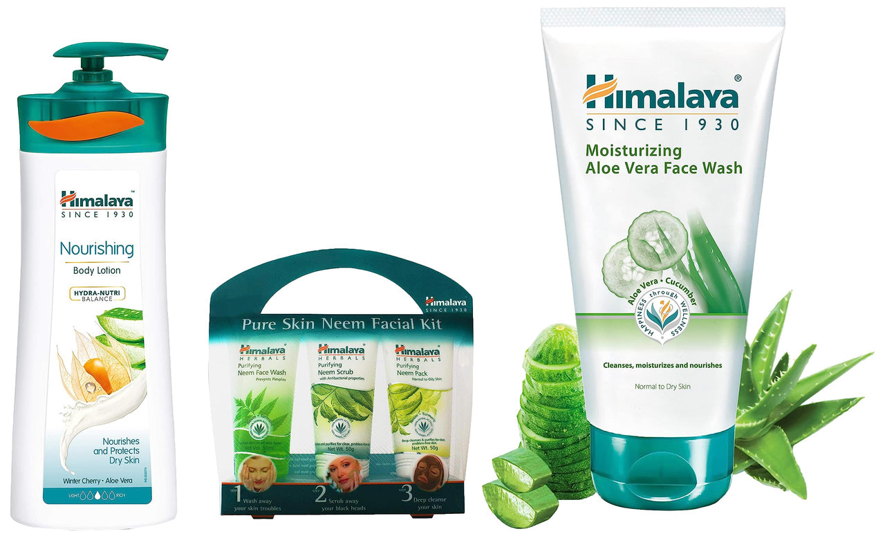Himalaya Nourishing Body Lotion 400ml & Pure Skin Neem Facial Kit (Facewash 50ml, Scrub 50g, Face Pack 50g) & Moisturizing Aloe Vera Face Wash 100ml