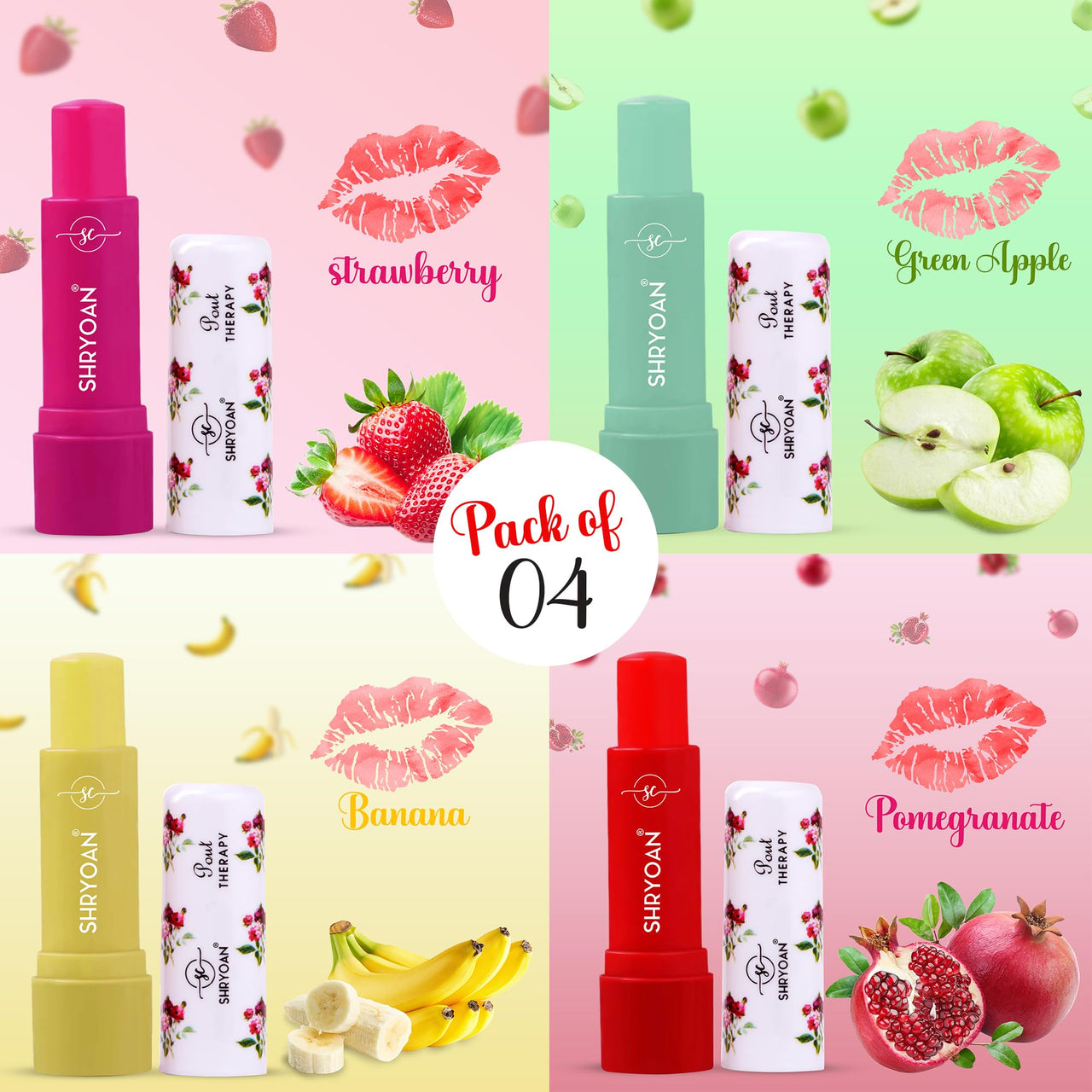 Shryoan Pout Therapy Fruity Lip Balm | Tinted Lip Balm for Nourishing & Hydrating Lips with Natural Fruit Extracts | For Smooth and Moisturized Lips | (Pack of 4) (3.2gX4Pcs)
