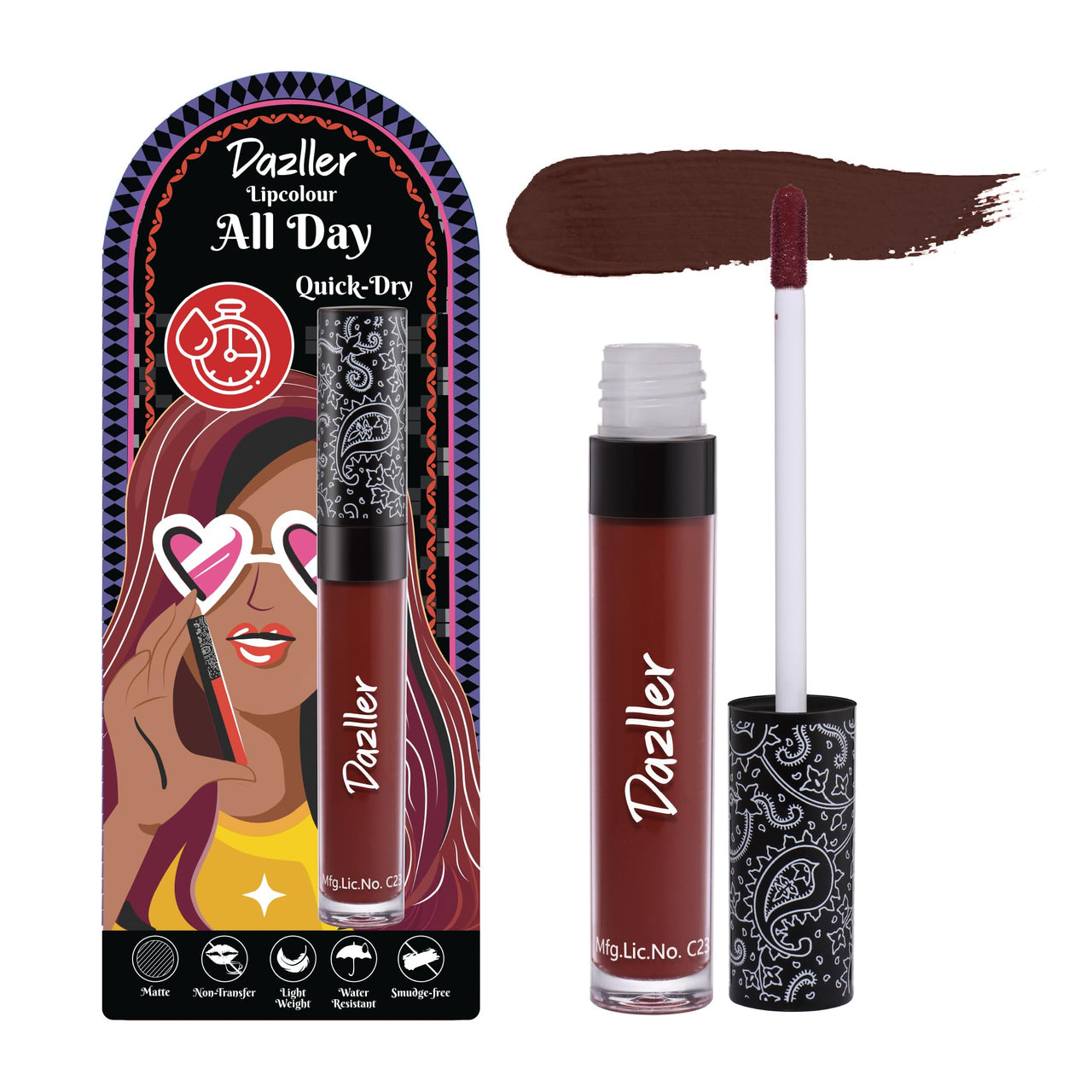 Dazller All Day Lip Colour Quick Dry | Long-Stay | Lightweight | Matte Lipstick for Women | Enriched with Kokum Butter 6g (QDLC034 - Avelana, Quick Dry)