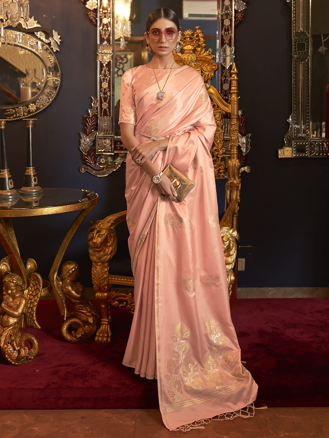 AKHILAM Women's  Banarasi Pure Silk Floral Golden Zari Work Woven Design Border Saree with Unstitched Blouse Piece(KSBLE2240_Parent)