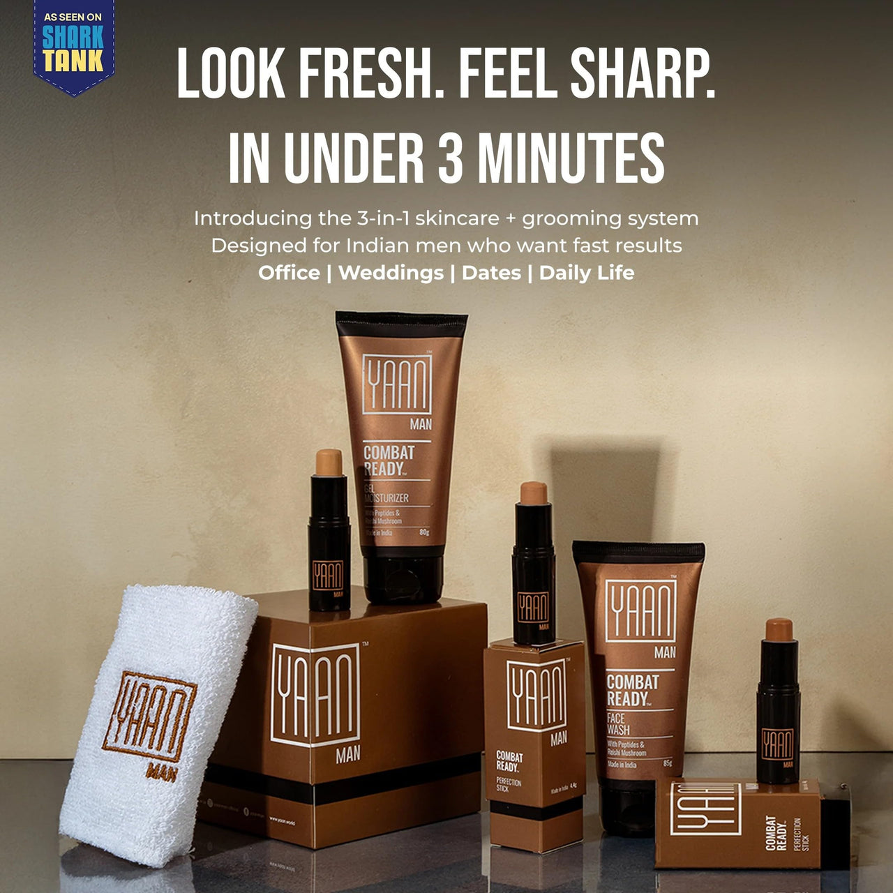 Yaan Man Combat Ready Pack | Contains Face Wash, Gel Moisturizer, Perfection Stick for Men| For all skin types (Medium)