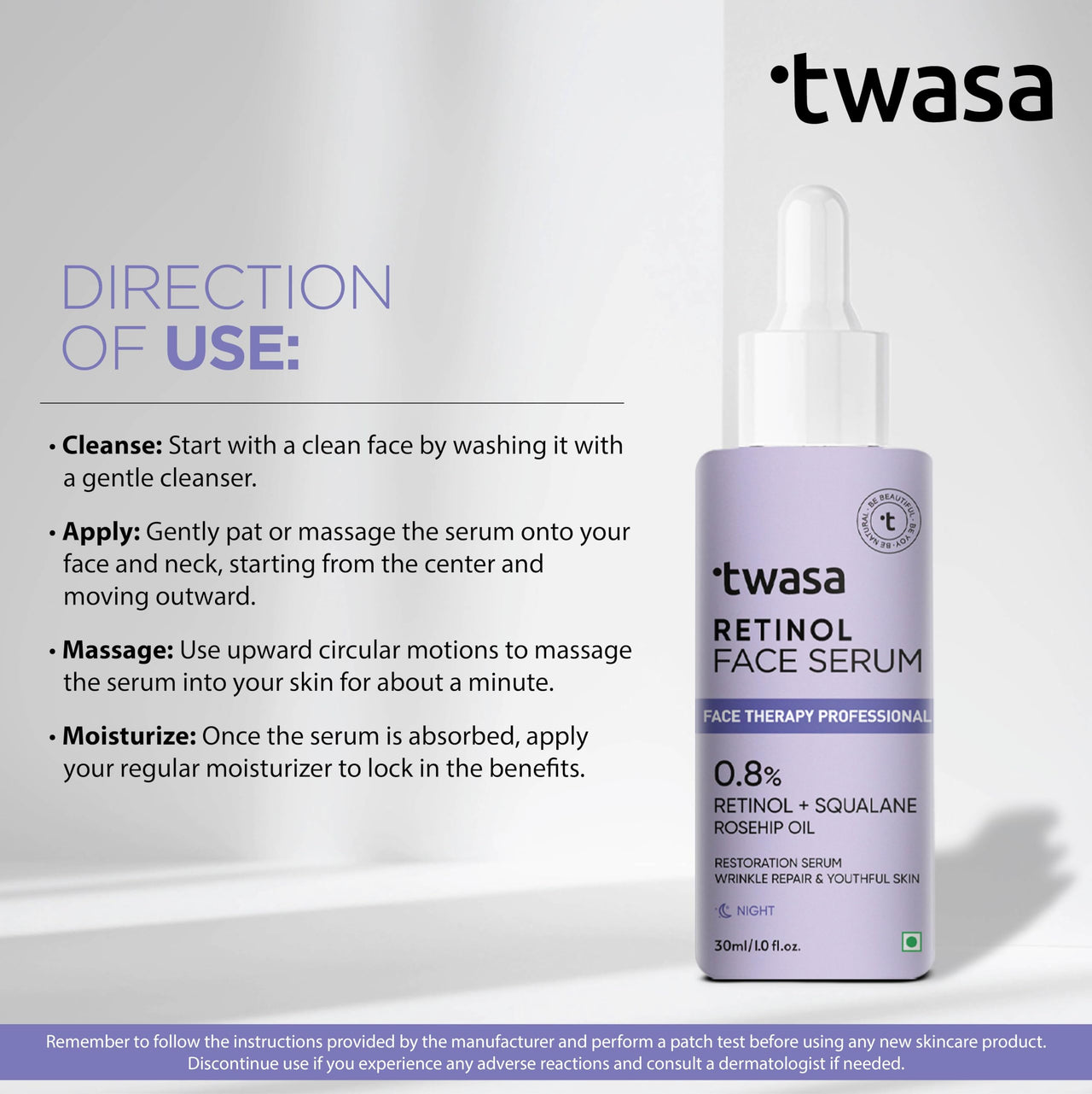 Twasa 0.8% Retinol Serum For Face Anti Aging With Bakuchiol | Retinol Night Serum For Beginners | Reduce Fine Lines & Wrinkles, Boost Collagen | Men & Women | All Skin Types (30 ml)