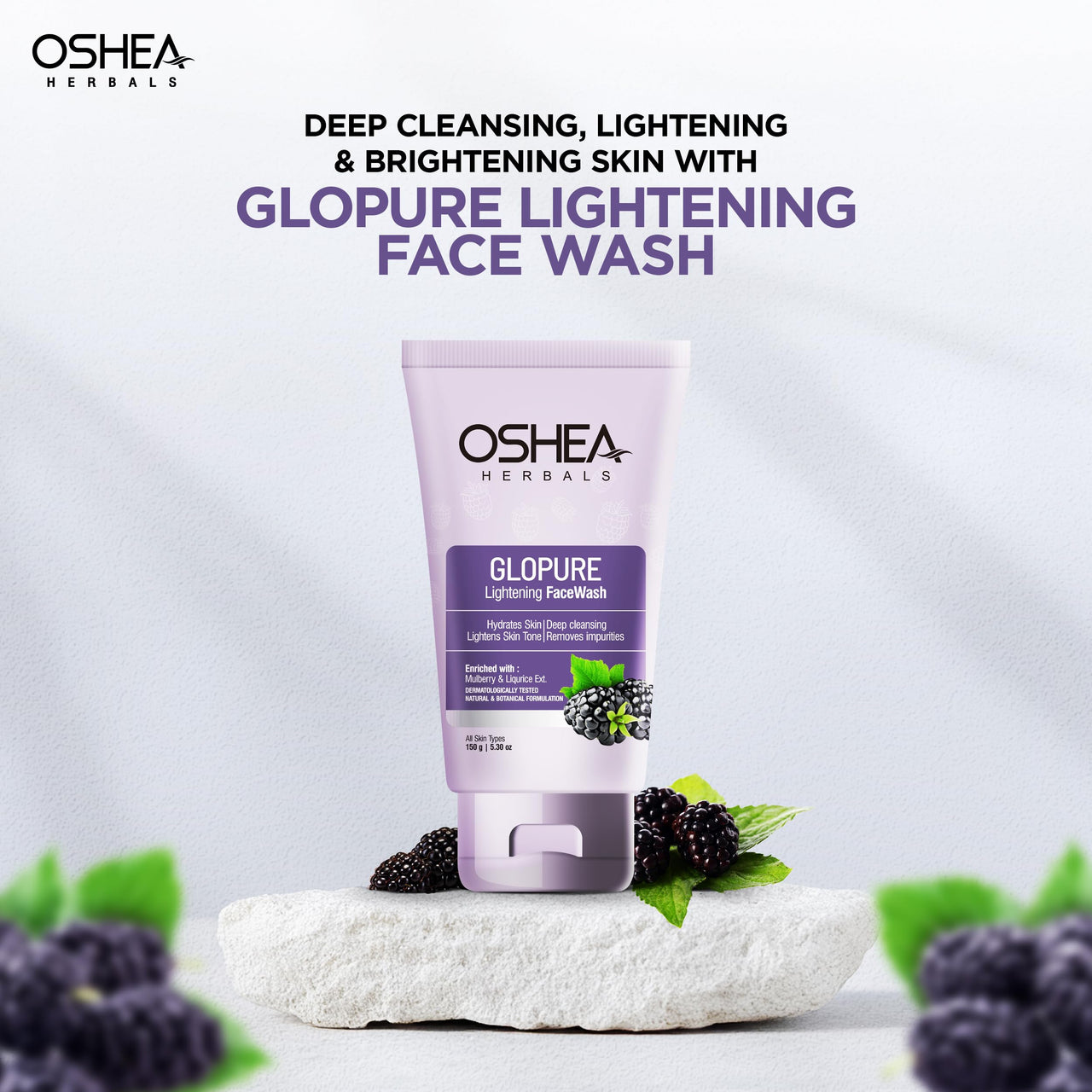 Oshea Herbals Glopure Brigtening Gel Facewash For All Skin Types | Brightens & Deep Cleaning with Mulberry & Liqurice Extracts - 150gm