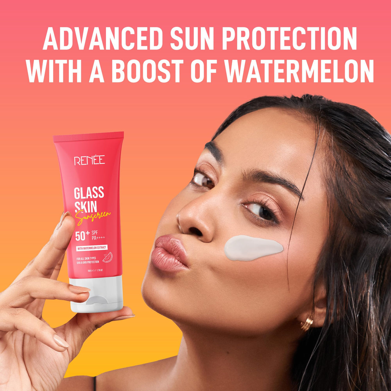 RENEE Glass Skin Gel Sunscreen SPF 50, UVA & UVB Protection, Lightweight, Hydrating & Non-Sticky, Zero White Cast, For Radiant, Supple Skin, Infused with Watermelon, Beetroot & Hyaluronic Acid 50gm