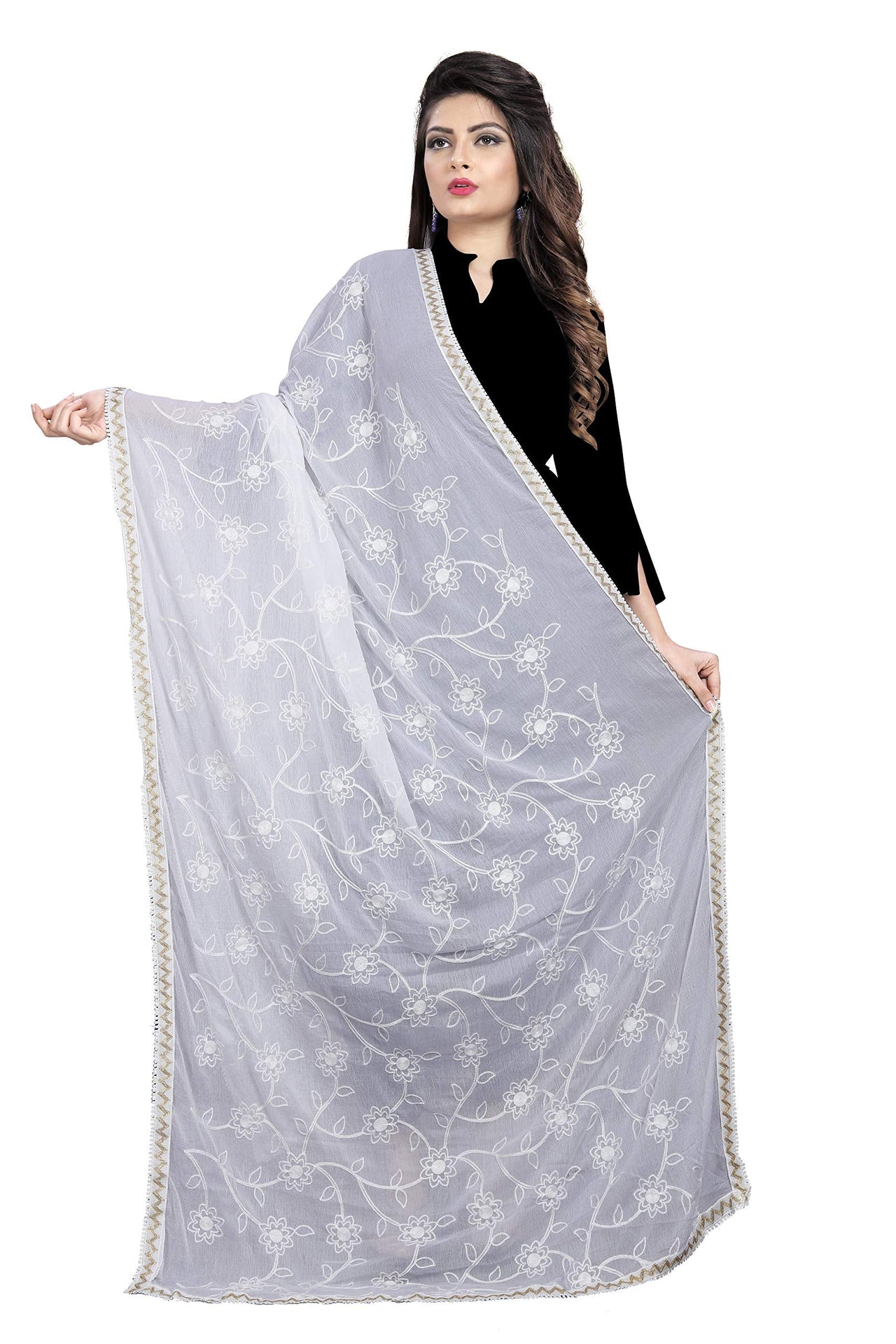 AKSHAR LLC Women's  Designer Pure Chiffon Dupatta with Pure Cotton Thread Embroidery Work