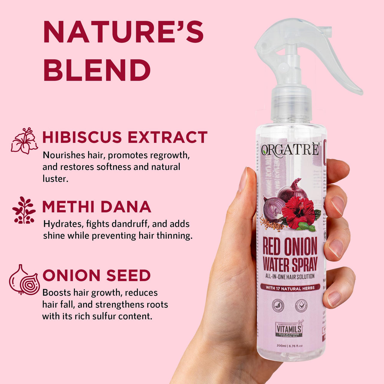 Orgatre Red Onion Water Spray for Hair Growth | 100% Natural Red Onion Extract with 17 Herbs | Hair Growth & Volume Booster | No Sticky Residue | 200ml