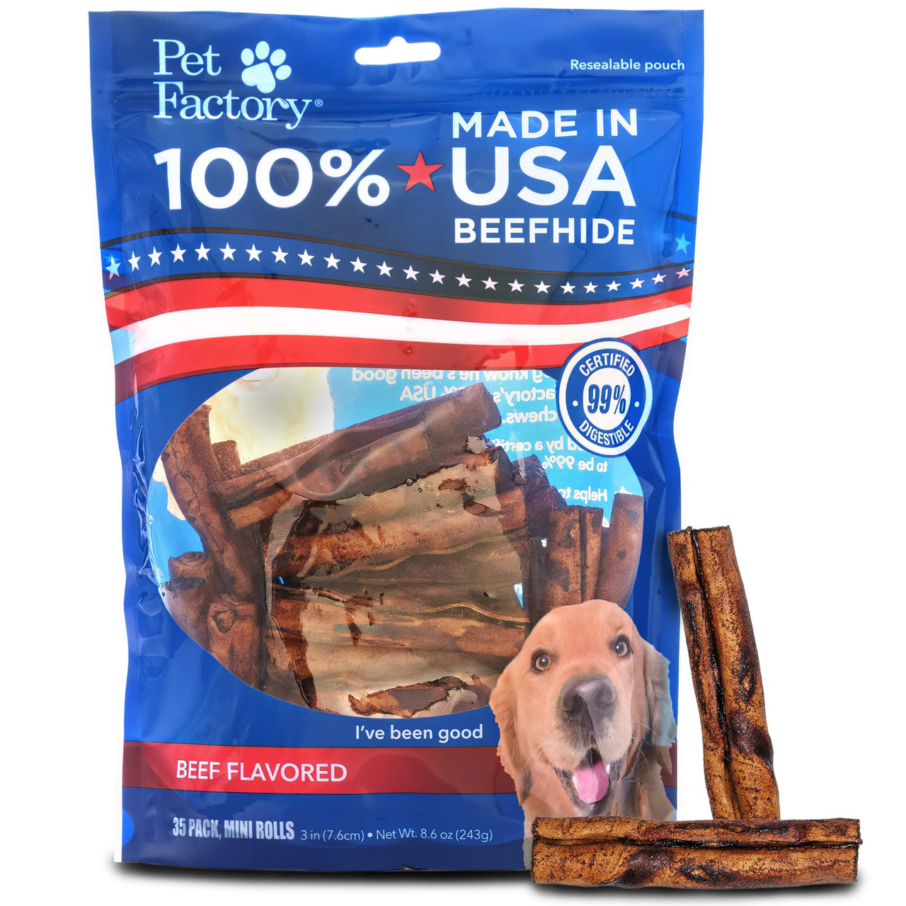 Pet Factory 100% Made in USA Beefhide 3-3.5" Mini Rolls Dog Chew Treats - Beef Flavor, 35 Count/1 Pack